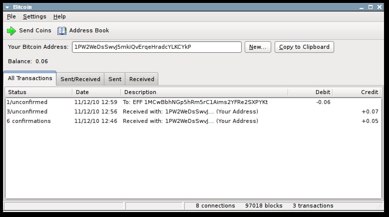 Screenshot of an early Bitcoin client from 2010.