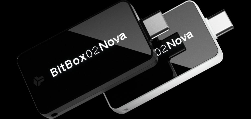 BitBox02 Nova hardware wallet with glass OLED display and USB-C connector.