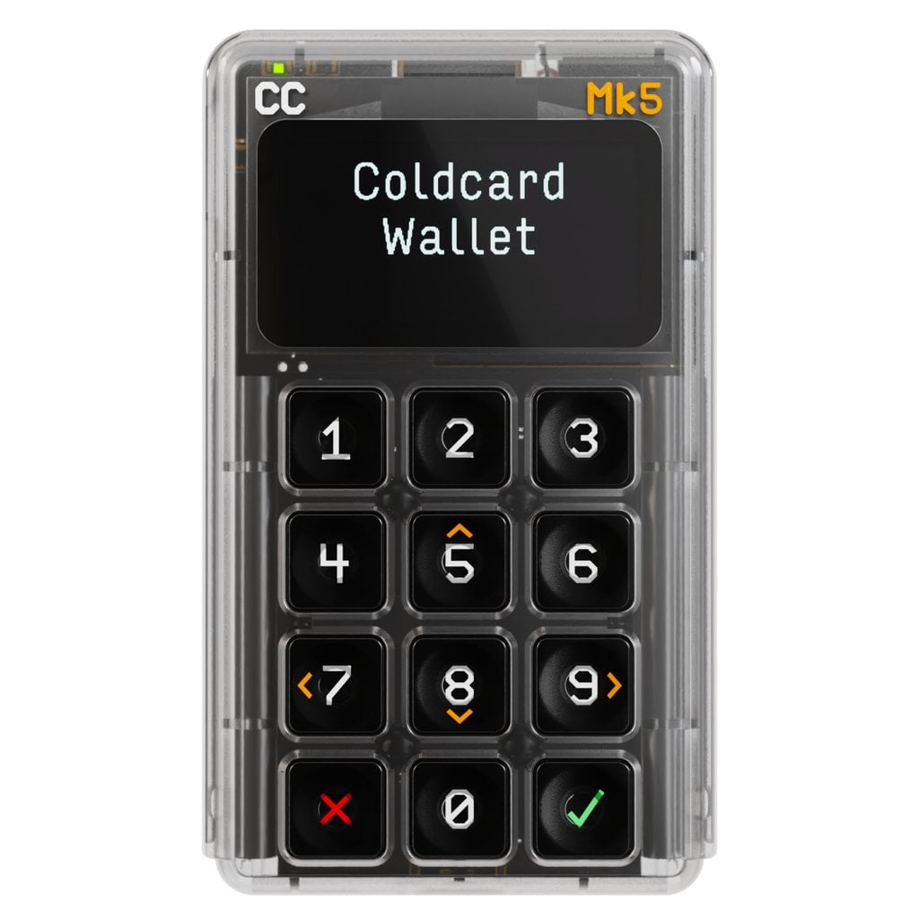 Coldcard Mk5 Bitcoin-only hardware wallet with numeric keypad and OLED display.