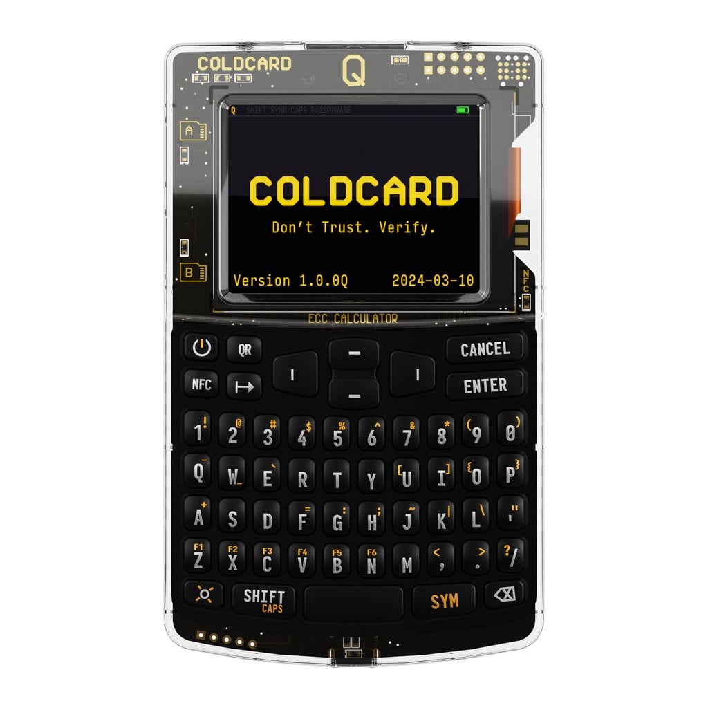Coldcard Q Bitcoin-only hardware wallet with QWERTY keyboard, QR scanner, and dual SD card slots.