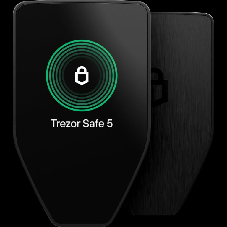 Trezor Safe 5 hardware wallet with a 1.54-inch color touchscreen, viewed from the front.