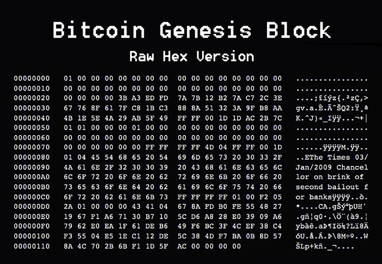 Bitcoin genesis block transaction data showing the first 50 BTC subsidy.