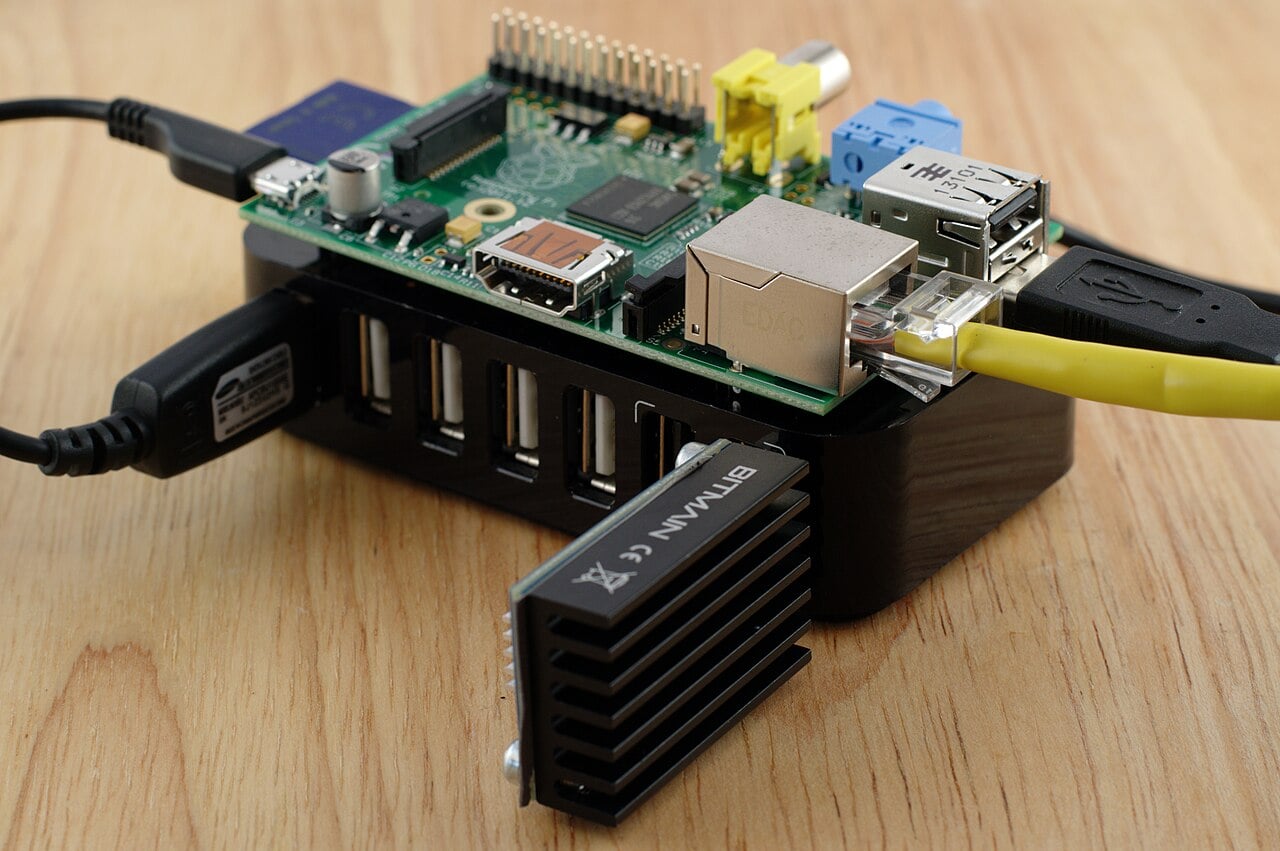 A Raspberry Pi connected to small Bitcoin mining hardware.