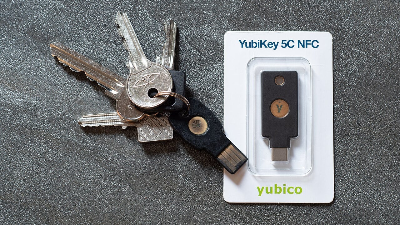 A YubiKey 5C NFC hardware security key.