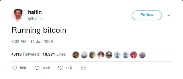 Screenshot of the first publicly known tweet about Bitcoin.